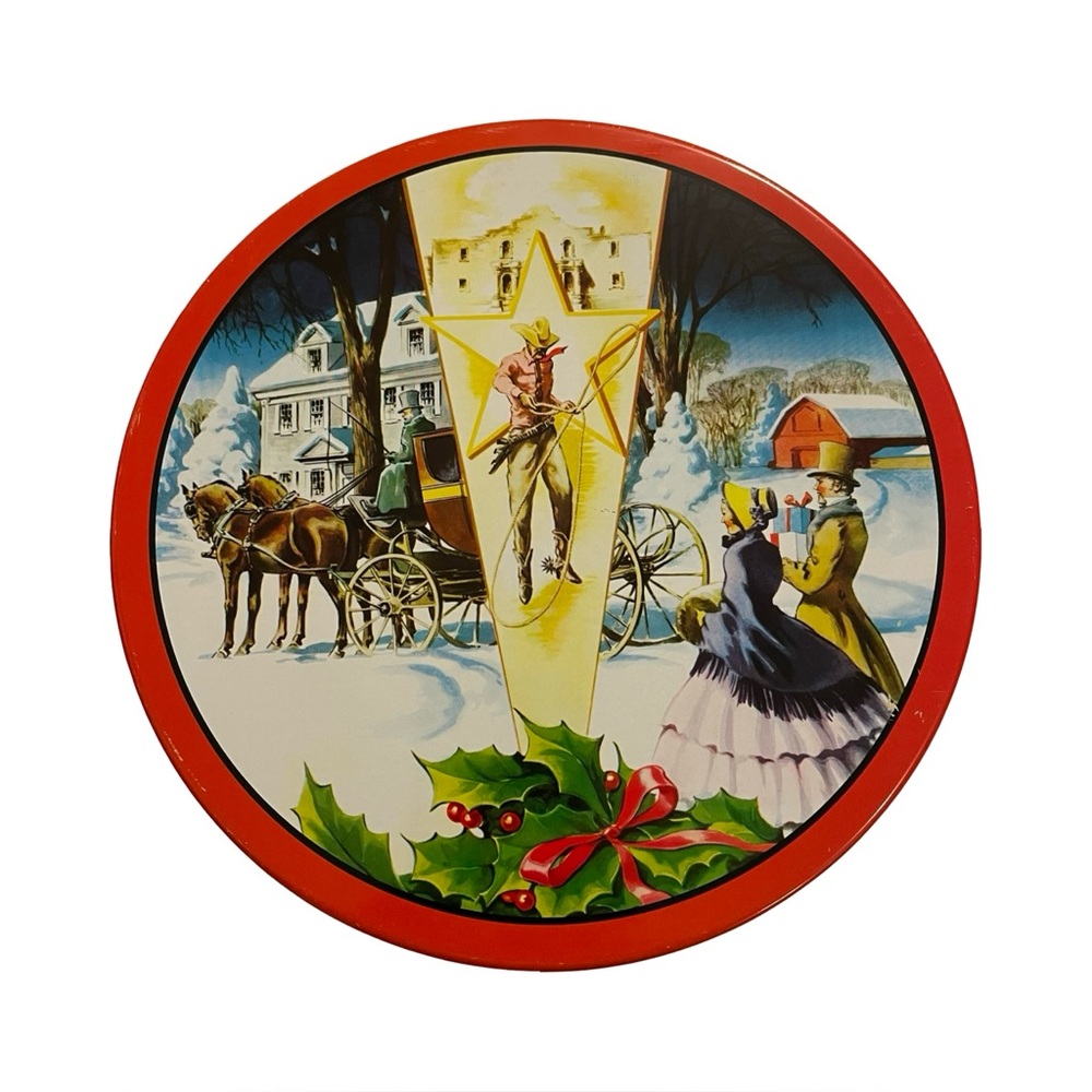 Vintage Collins Street Bakery Christmas Tin – Cowboy & Victorian Holiday Scene